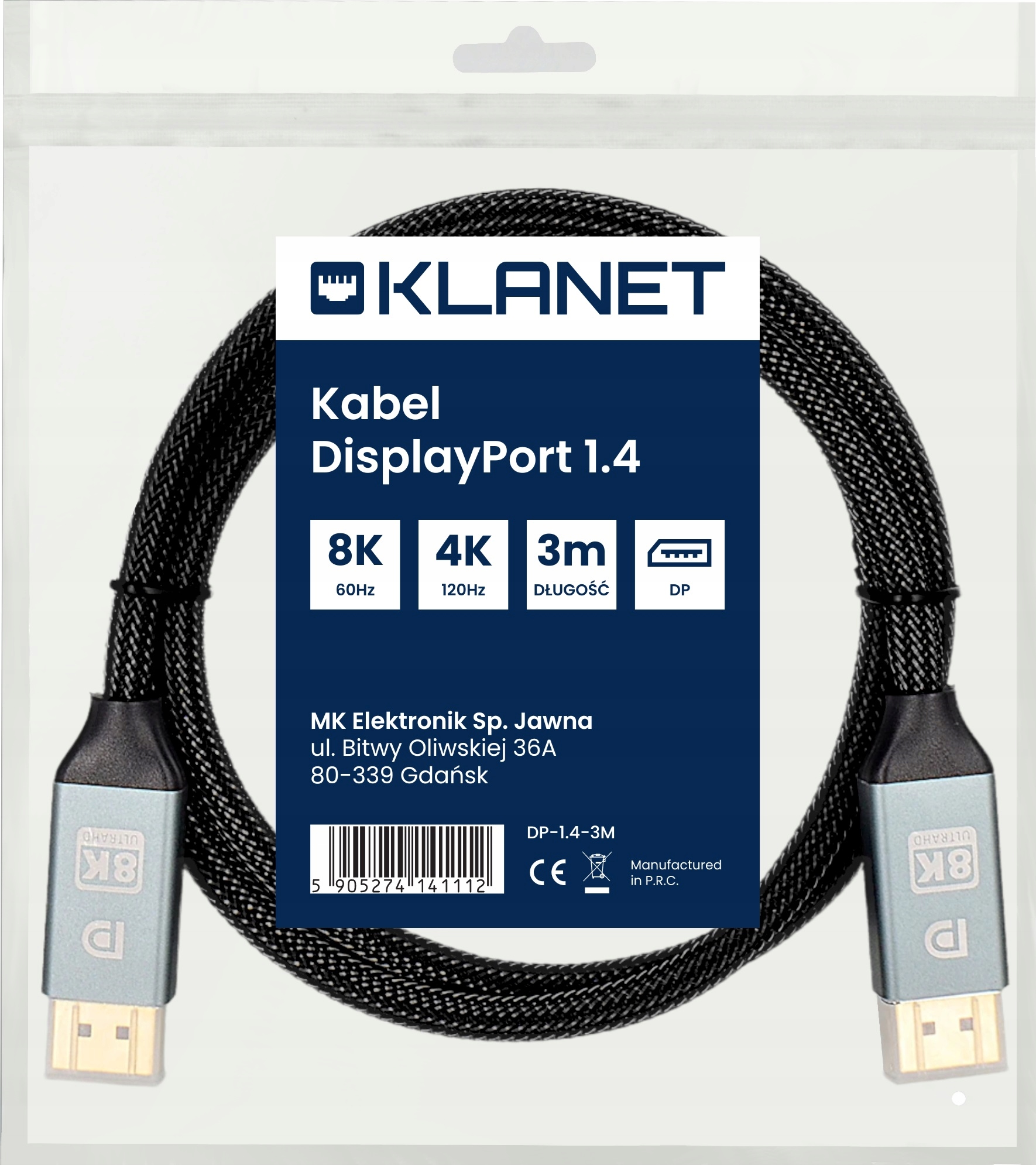 KABEL PRZEWÓD DisplayPort 1.4 DP 8K 4K 144Hz 3M Stan opakowania oryginalne