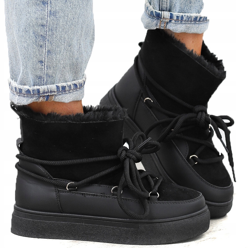 Černé kotníkové boty zateplené sněhule Eskimoski s kožíškem