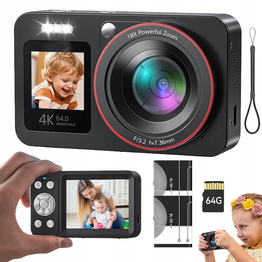Digitální Fotoaparát 4K 64MP Zoom 18X Otočný 64GB S 2 Aku Vynikajícím Dárek