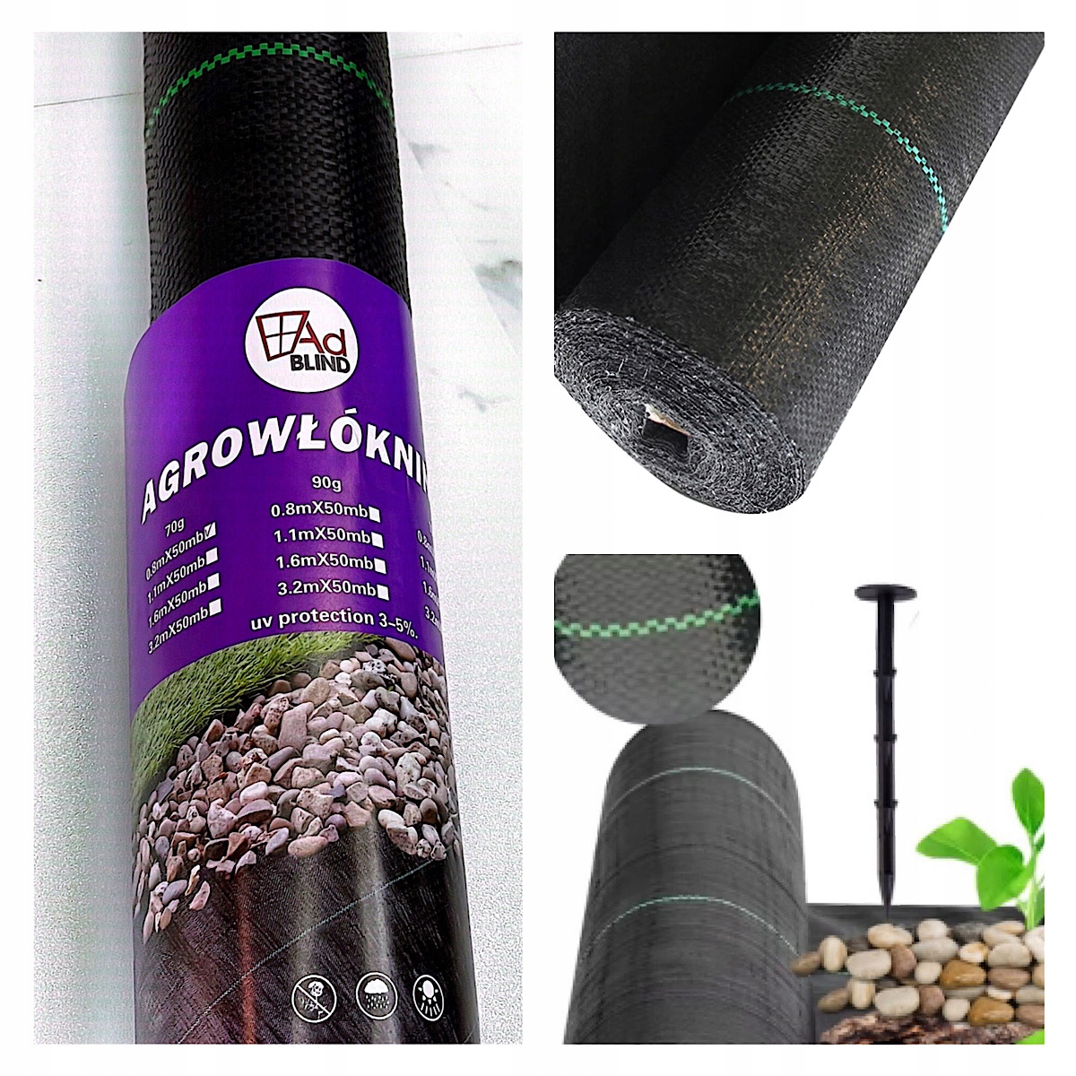 Agrowłóknina Antychwastowa 1,1mx50m 135G Agrotkanina Uv 3-5% Kołki