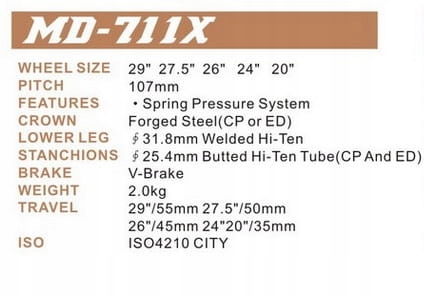 Amortyzowany Widelec 26'' 25,4mm gwint 1'' Stalowy z Uchwytami V-Brake Marka Mode