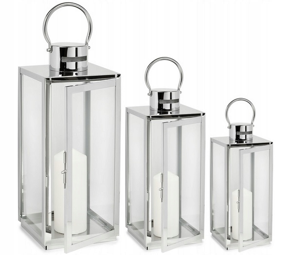 Sada 3 strieborných lampiónov Glamour 63 49 38 cm Nerezová oceľ lampy