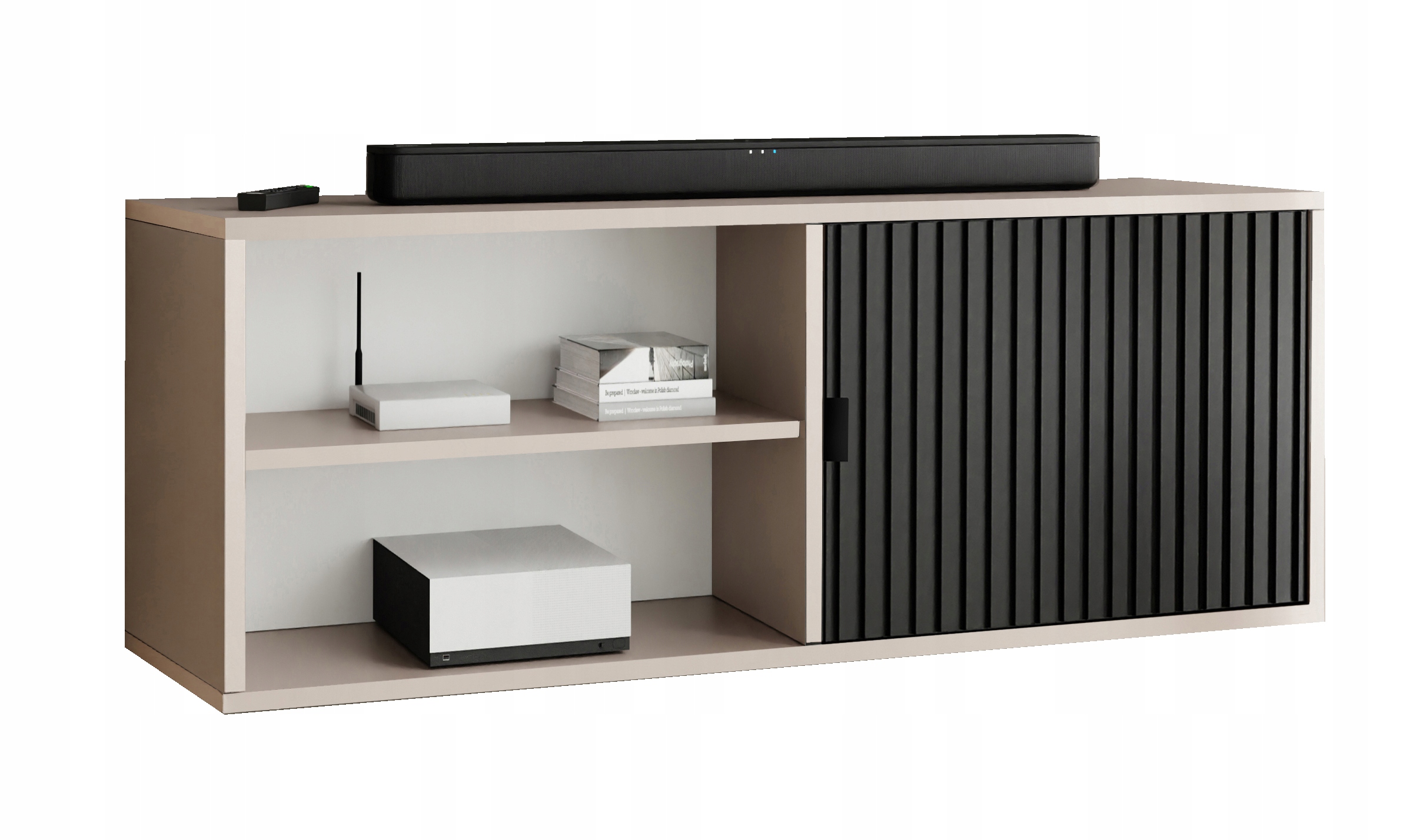 Rtv skříňka Veli 2 kašmír černá rýhovaná s policí, rukojeť černá otevřená