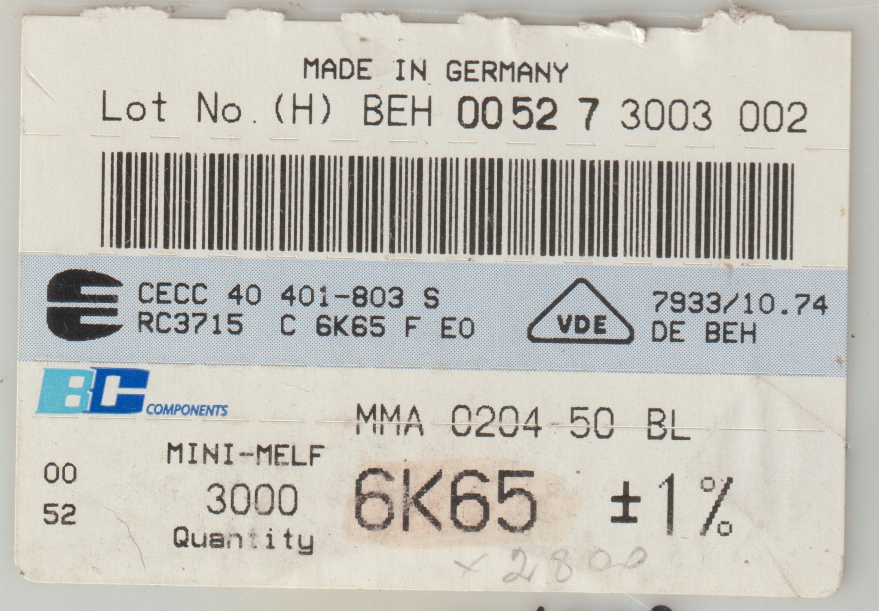 [100szt] 6K65 1% 50ppm rezystor Smd minimelf MMA0204 Beyschlag low noise