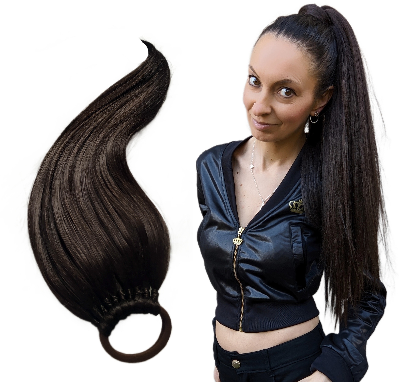 Připínací poník na gumičce, Příčesek, hnědá, Přírodní Brunetka, 60 cm