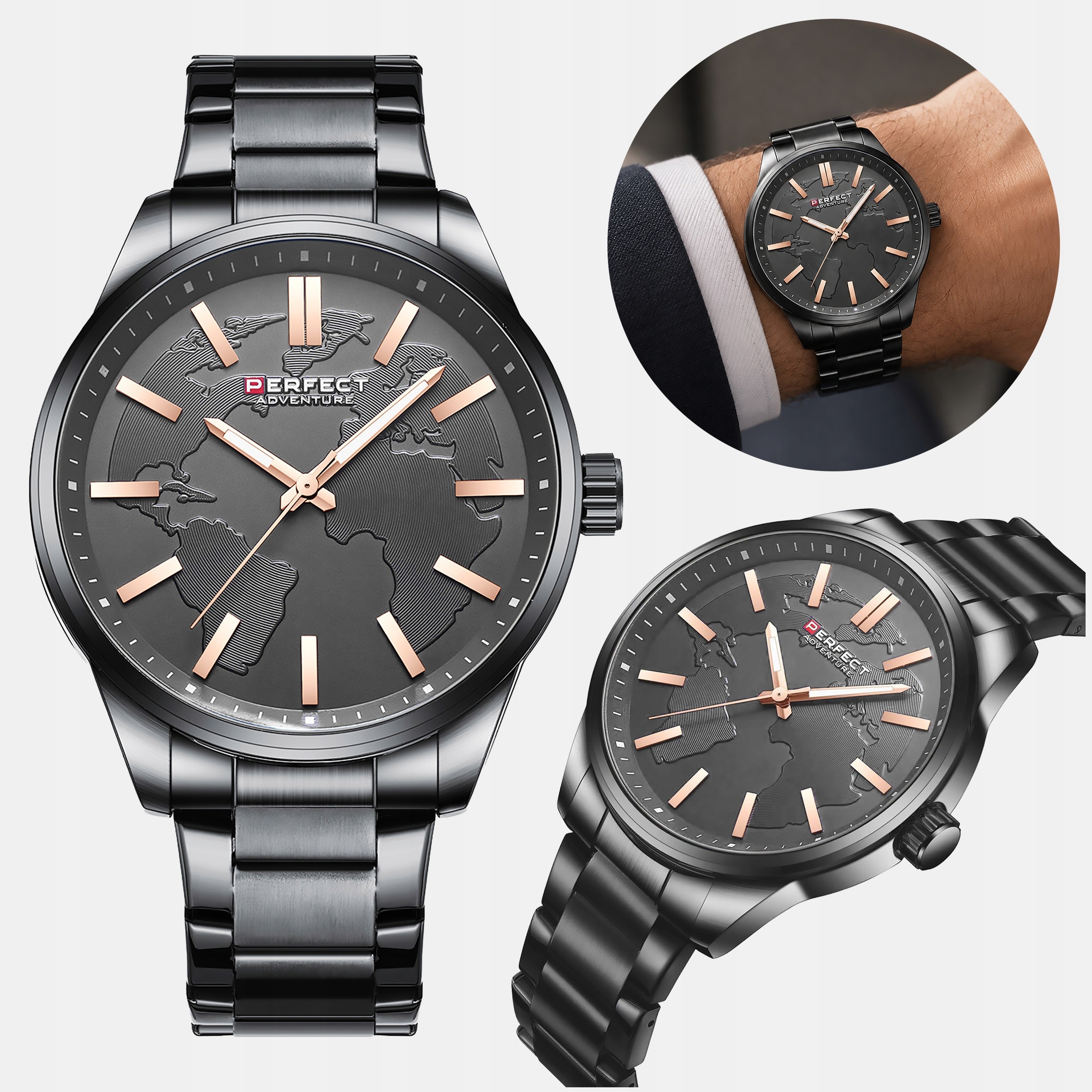 Černé hodinky na ruku Ocelové Elegantní Pevné Velké Perfect Mapa světa