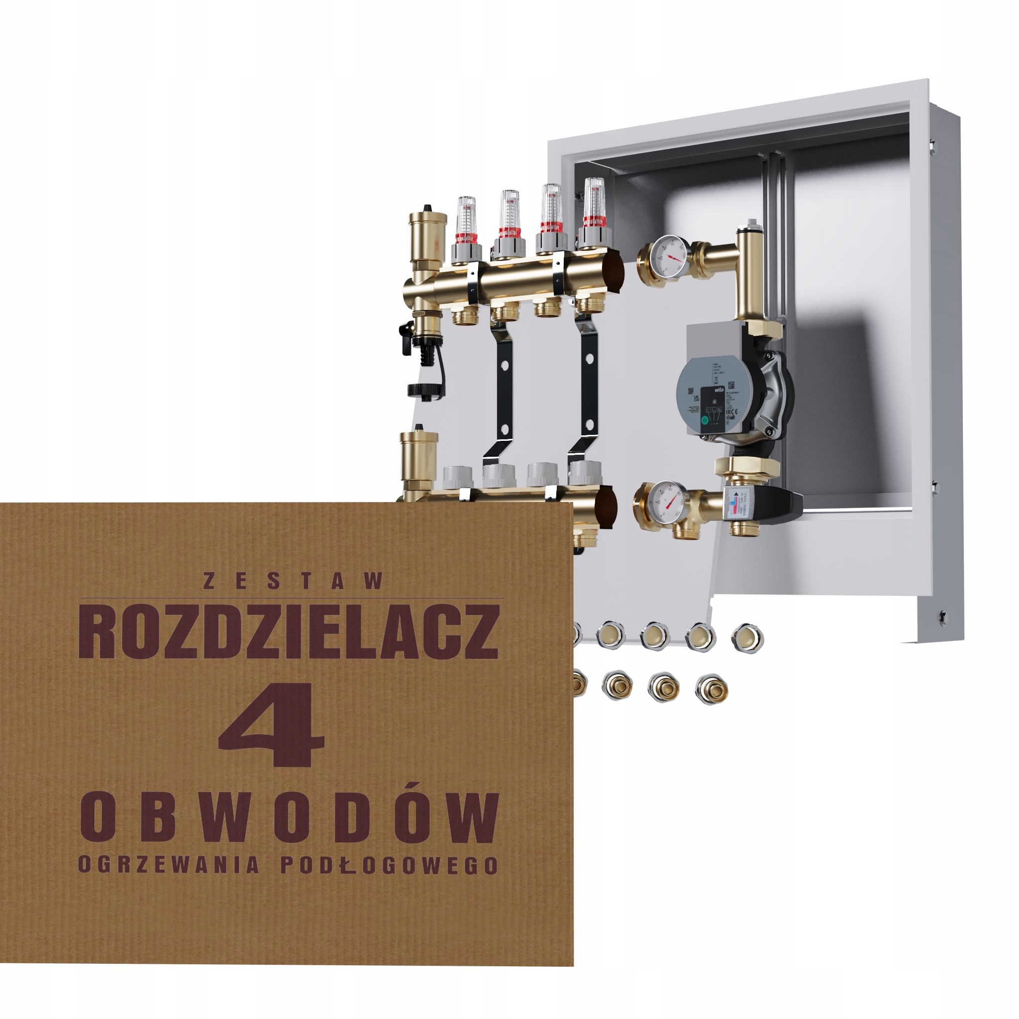 Rozdělovač pro podlahovku 4 okruhy s čerpadlem Wilo podomítková skříňka Pex