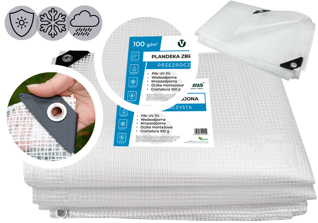 MOCNA PLANDEKA OKRYCIOWA PŁACHTA 3x5 m PRZEŹROCZYSTA ZBROJONA 100g 5x3m