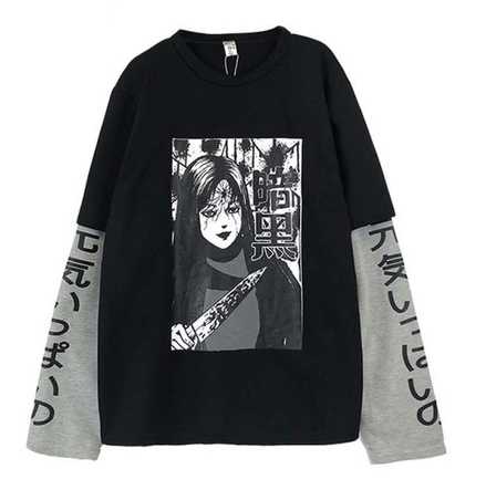 Volné Tričko s potiskem a japonskými nápisy Horor M