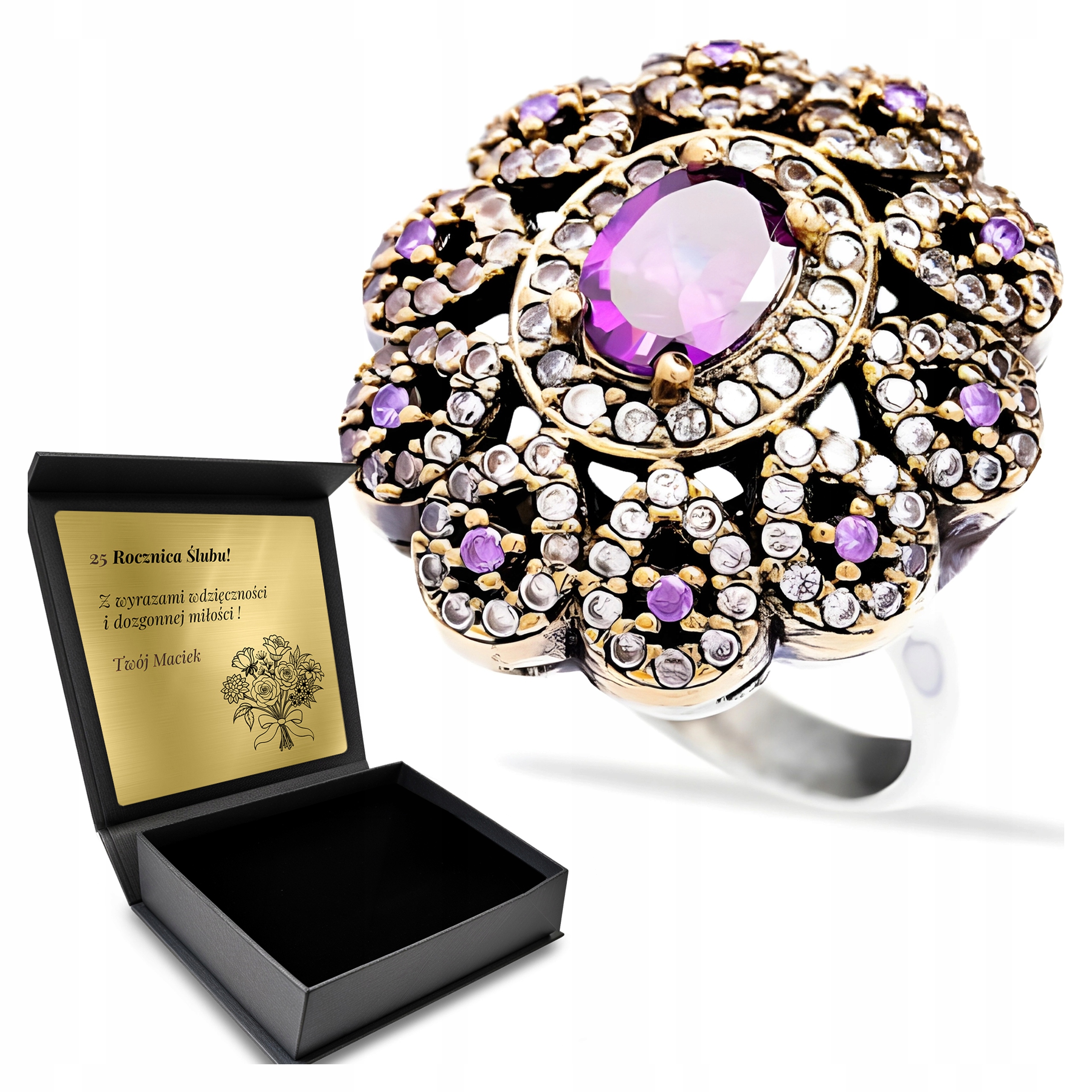 Prstýnek 925 Zirkony Ametyst Dárek Den žen Gravírování