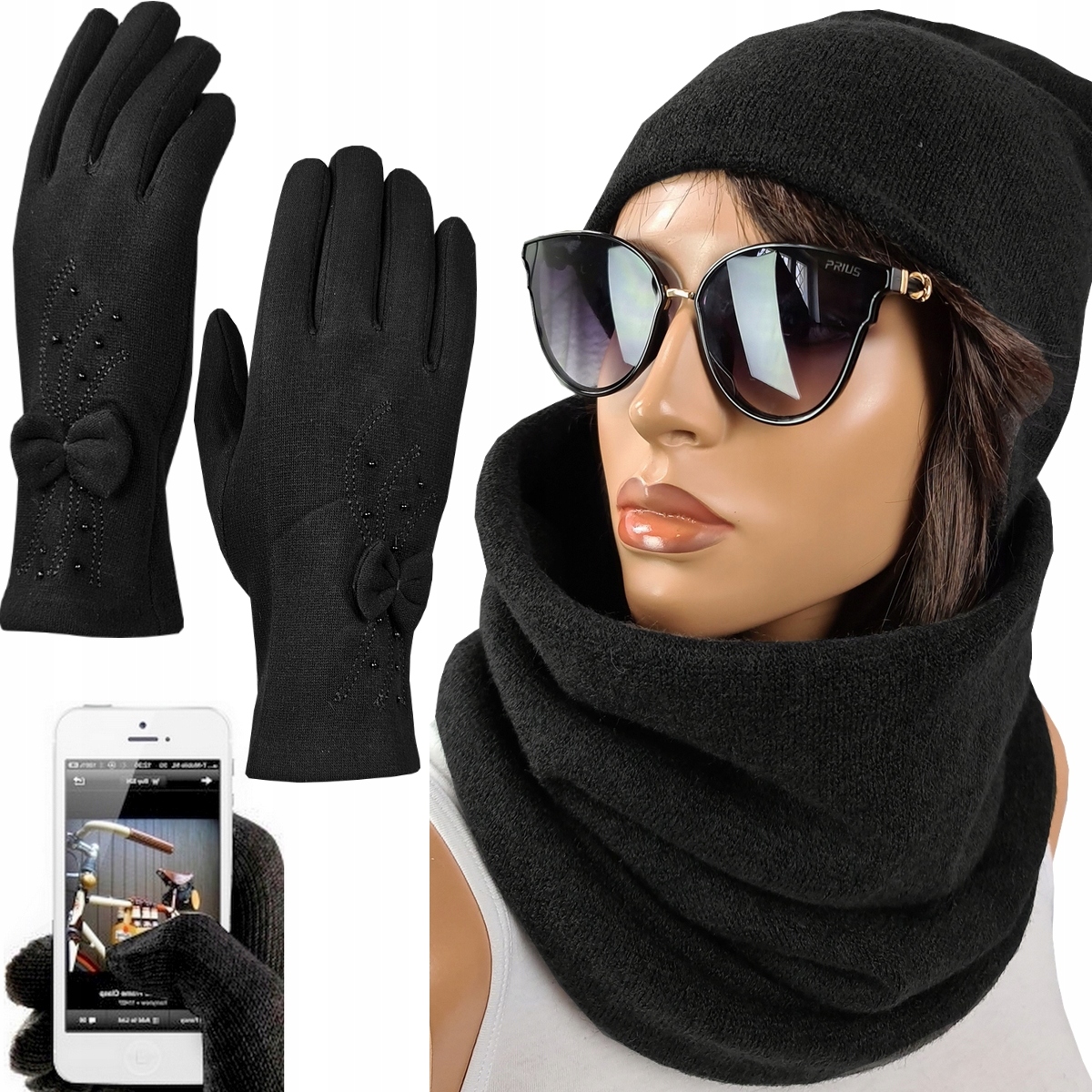 

Komplet Czapka Komin Rękawiczki Dotykowe Czerń