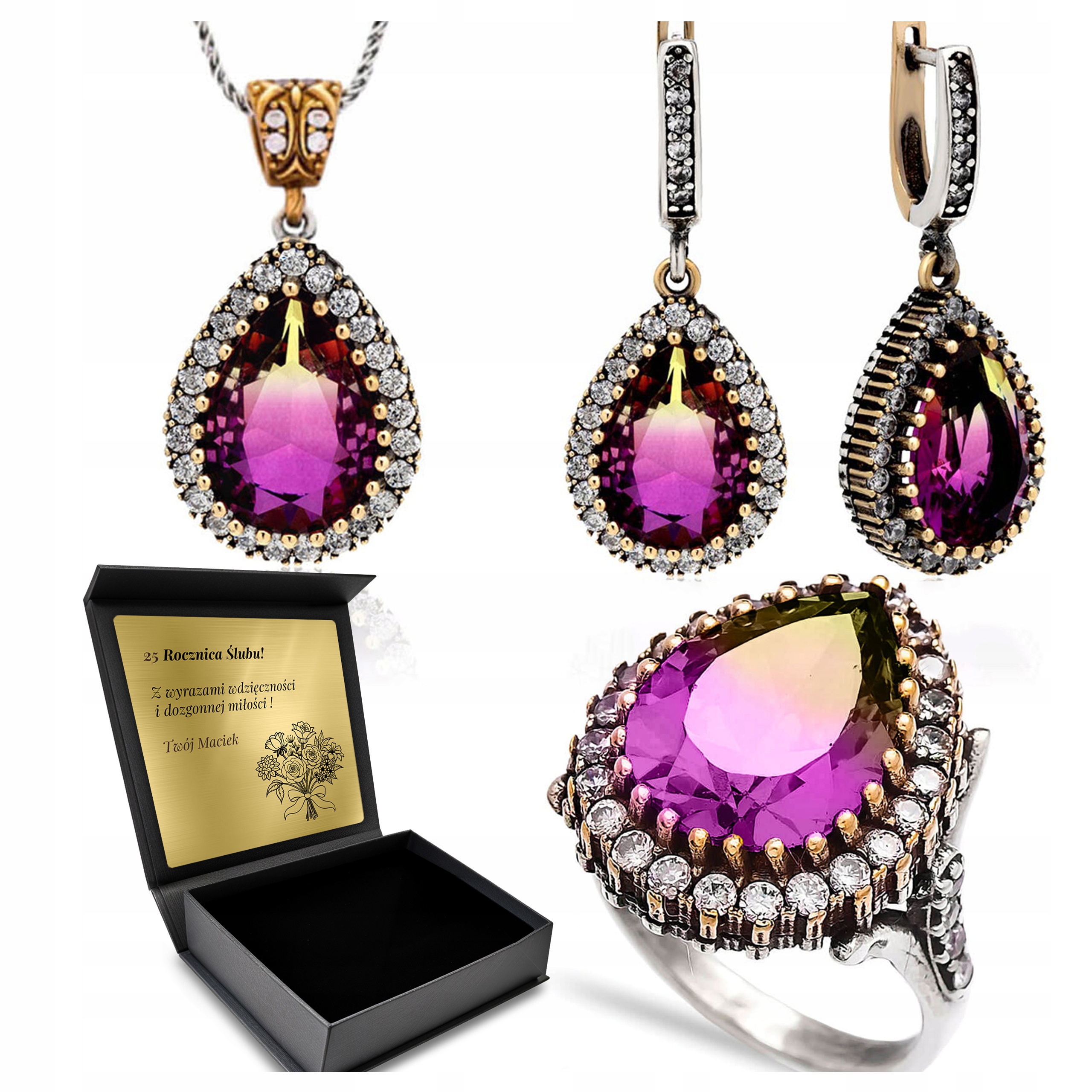 Komplet Stříbrných Šperků 925 Zirkony Ametryn Dárek pro ženu Gravírování