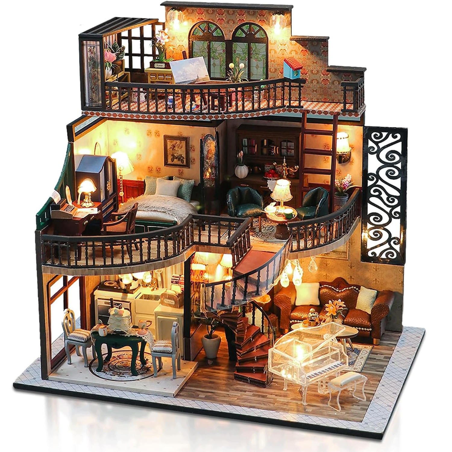 Puzzle 3D Z Drewna Miniaturowy Domek Retro Zestaw Do Sklejania Modelu Led