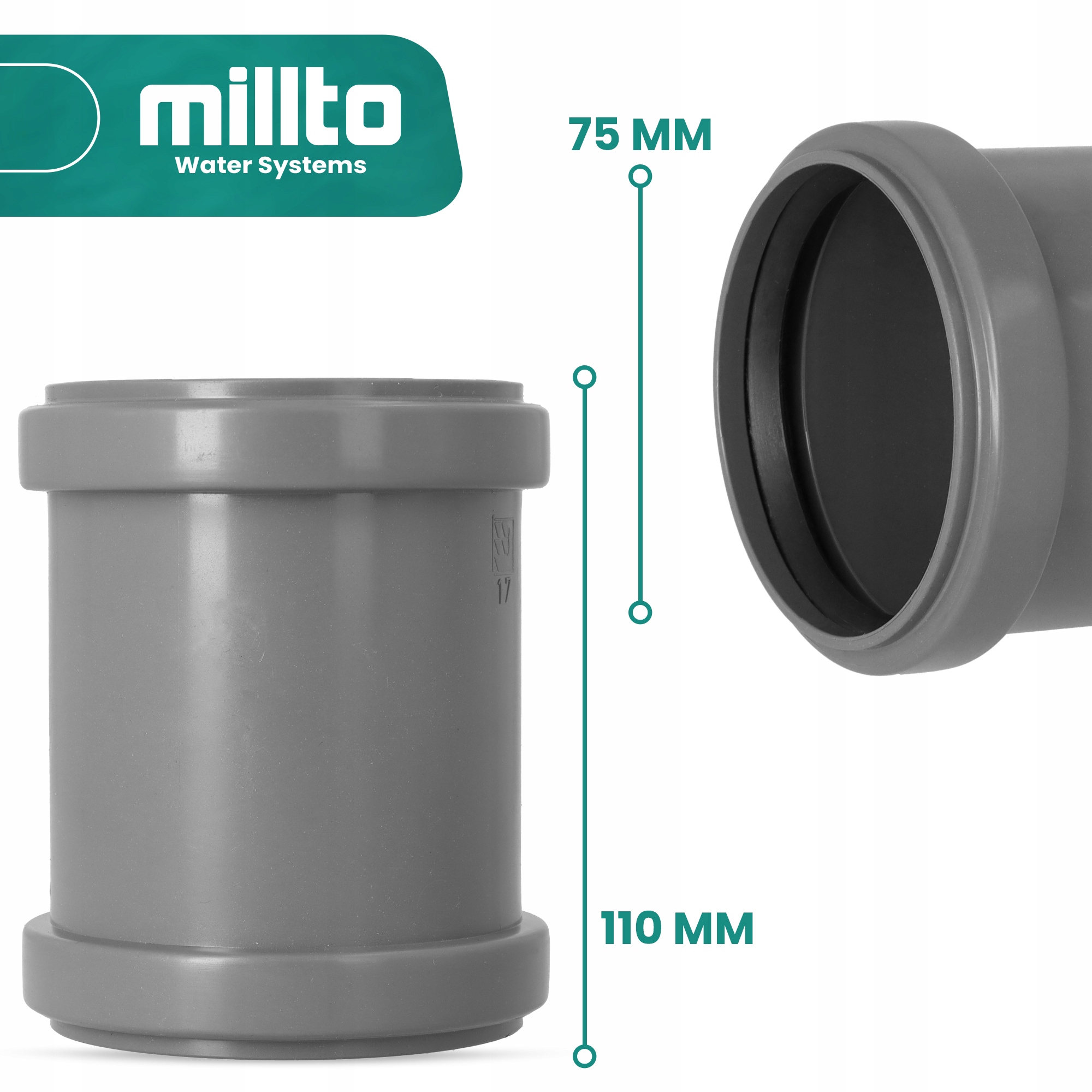MUFA Kanalizacyjna 75 mm RURY PCV Nasuwka Łącznik Złącze ZŁĄCZKA Wody SZARA Materiał wykonania PP