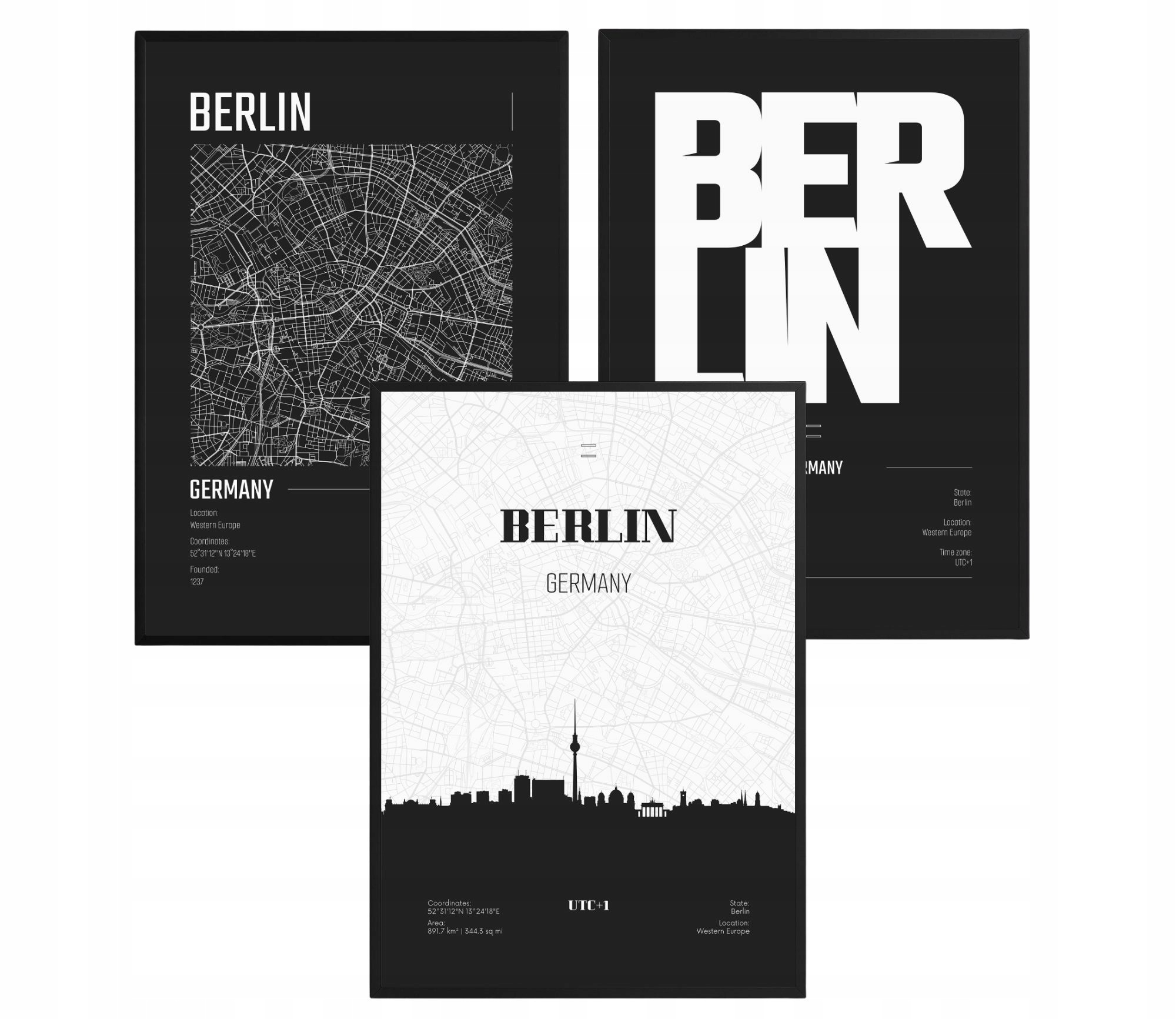 Sada plagátov Berlin Mapa mesta Čiernobiele Do obývacej izby Spálne 61x91 cm