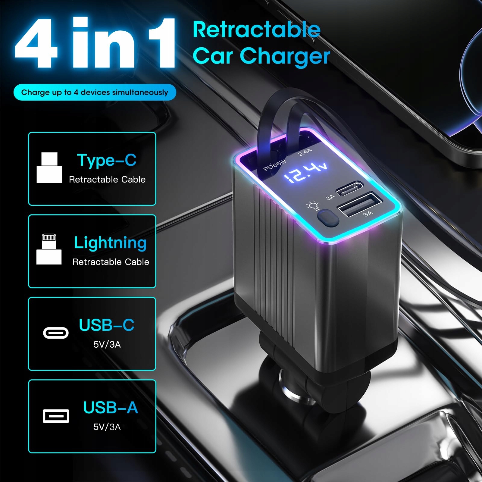 MASSWAY 120W USB C Car Charger 4-in-1 Fast Charging iPhone Samsung — miniatura 2