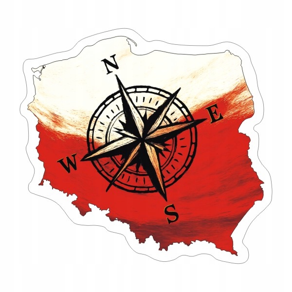 Naklejka Kontur Polski 8 cm z Różą Wiatrów Polska