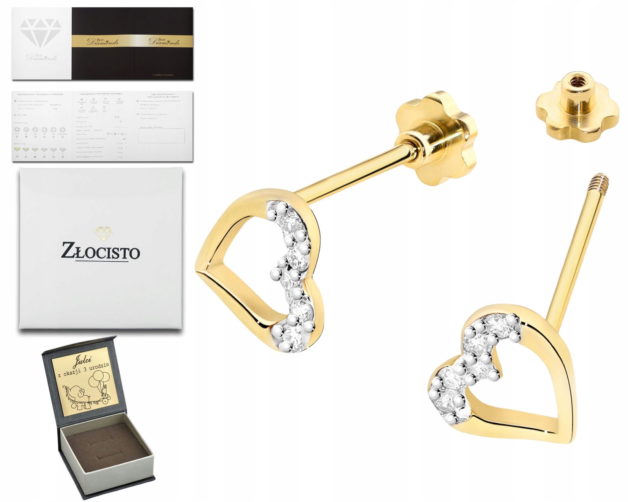 Zlaté Náušnice Srdíčka Šroubovací Diamanty Brilianty Zlato 585