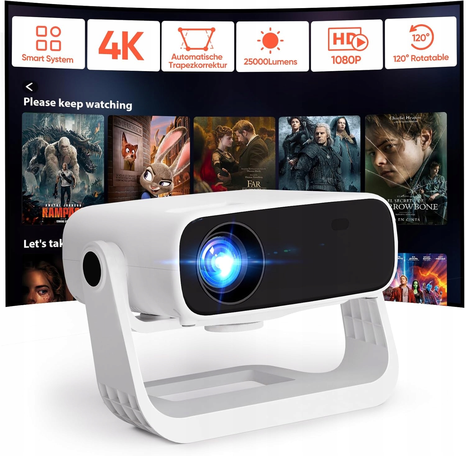 Wielio M269E Natywny projektor 4K 200'' Hdmi Usb bluetooth Android 11 Pilot