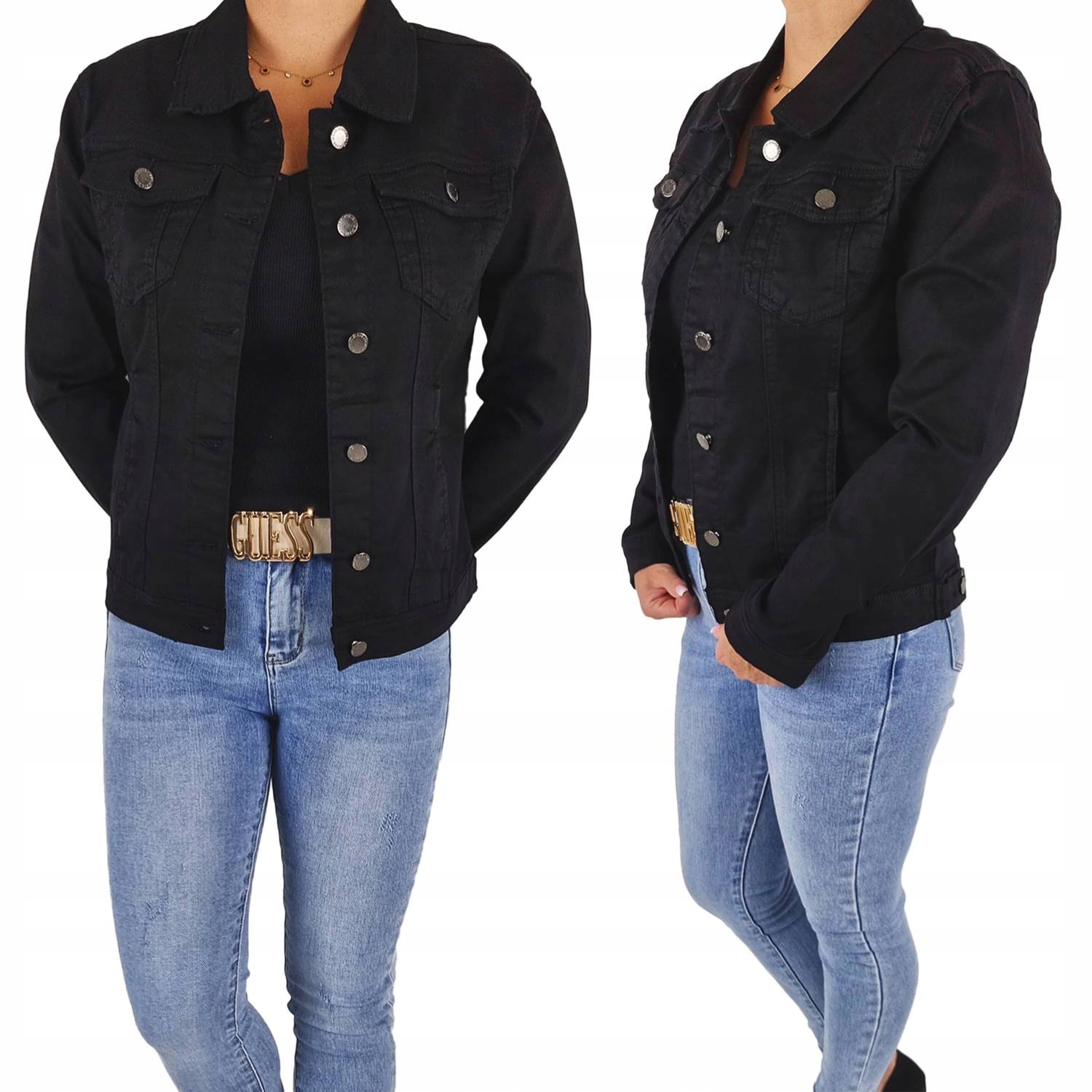 Lucy Klasická jednoduchá džínová bunda s límcem Knoflíky Kapsy Black