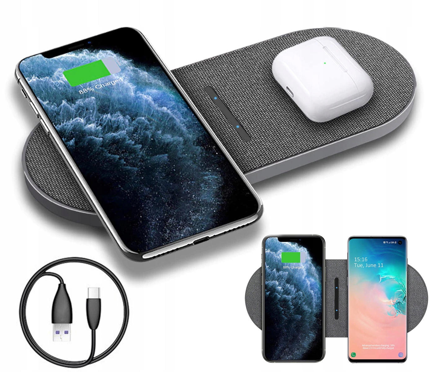 

Podwójna Szybka Ładowarka Bezprzewodowa Qi 2x 15W