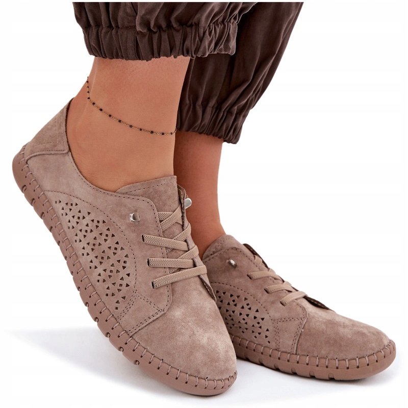 Półbuty Damskie Ażurowe Wsuwane Z Zamszu Wkładka Comfort Jasnobrązowe 39