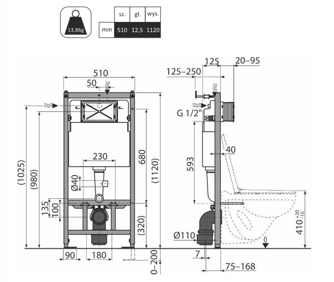 JELLOW OPTIMA stelaż podtynkowy do WC + przycisk biały połysk Szerokość stelaża 51 cm