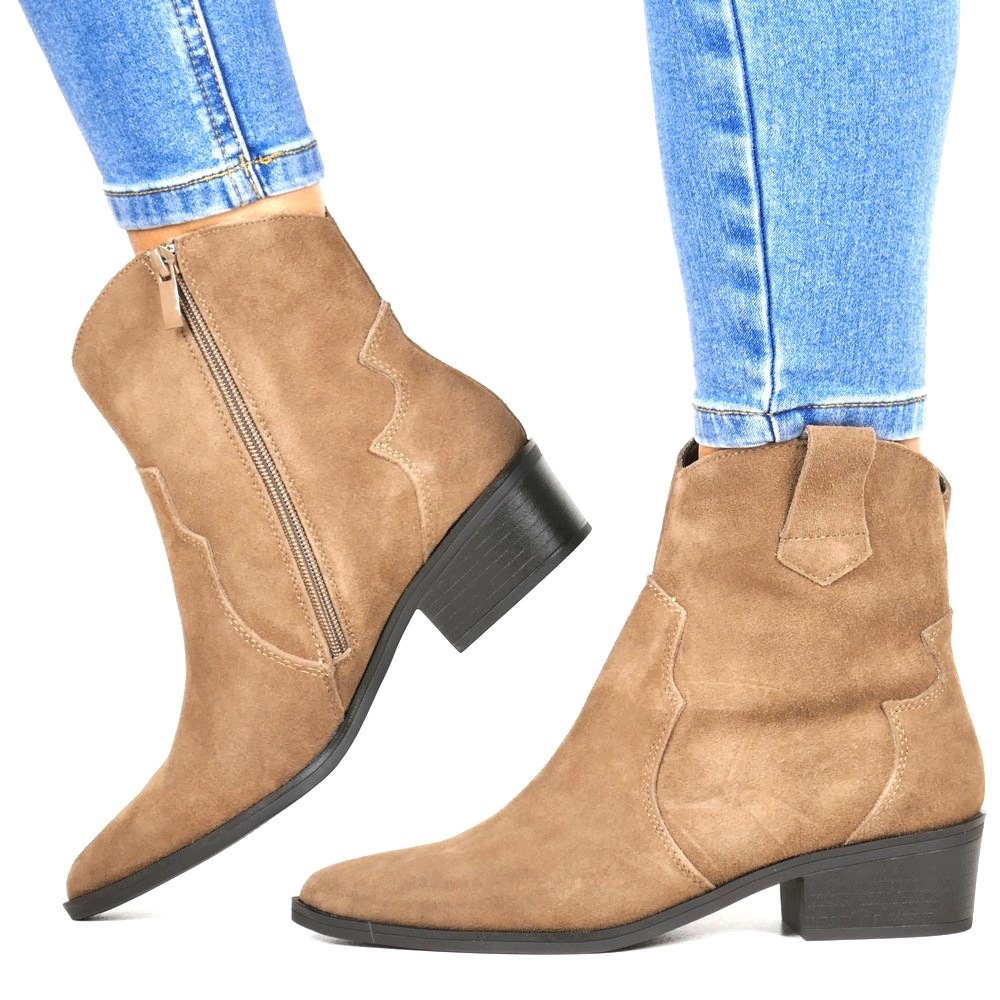 Béžové Kotníkové Boty Kožené Kovbojské Boty Boho Styl Khaki Pohodlné Na Zip Kůže Z6
