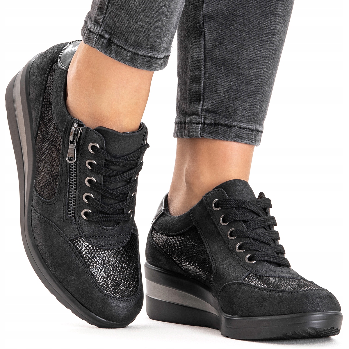 Polobotky Tenisky na koturnu Stabilní pohodlné černé Zip Wojtyłko 39