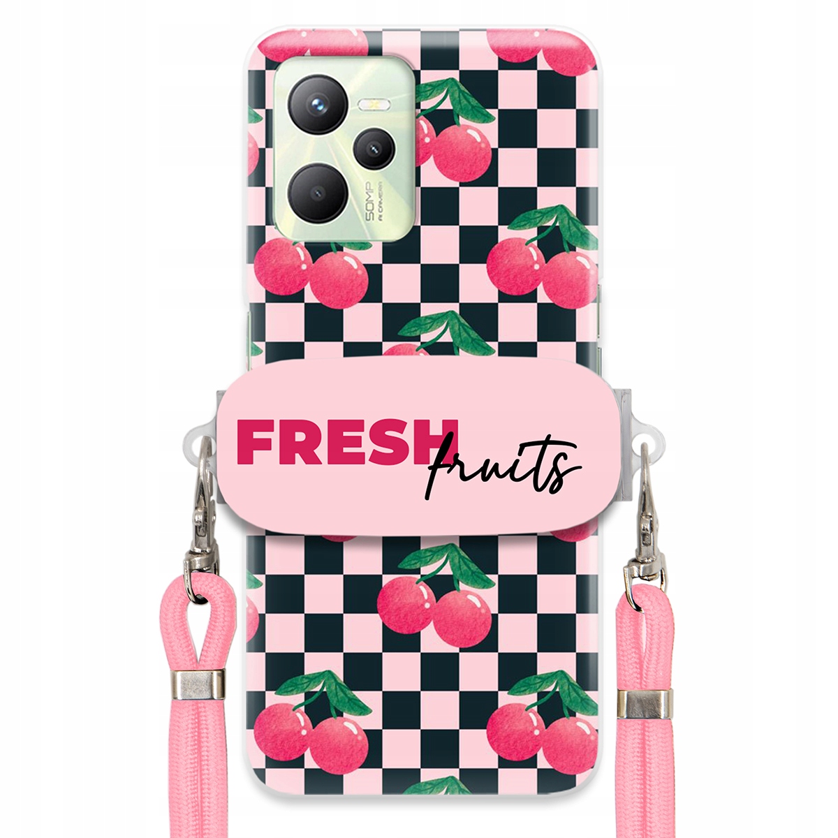 Puzdro pre Realme C35 Vodítko Pink Crossbody Šachovnicový držiak Fresh Fruits