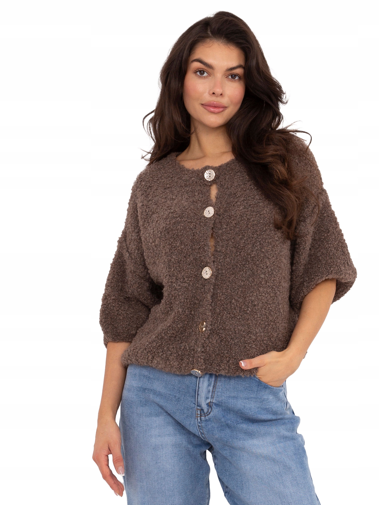 Sweter Damski Rozpinany Boucle z ozdobnymi guzikami