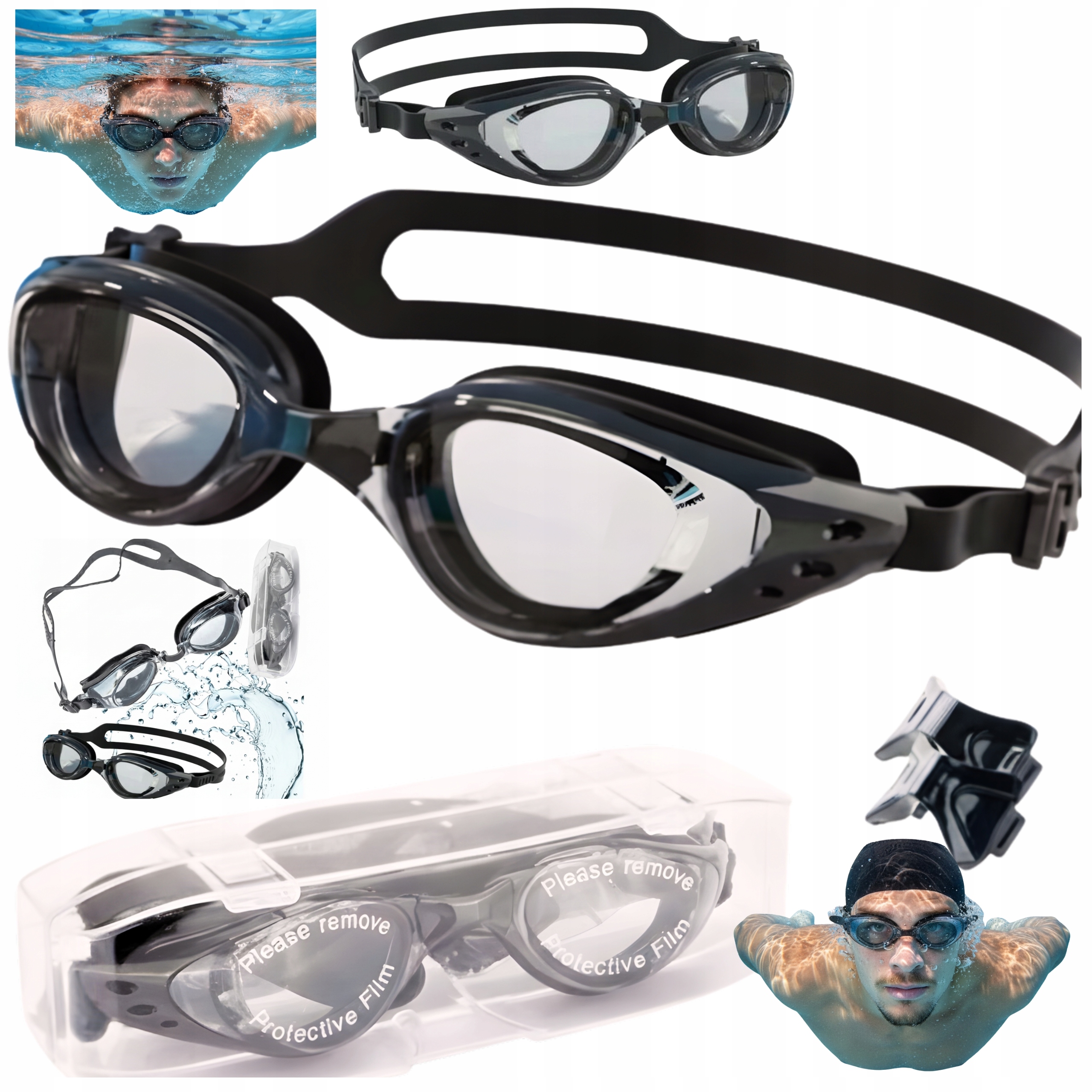 Okulary Pływackie Gogle Uv Anti-Fog Panorama Szerokie Pole Widzenia Etui