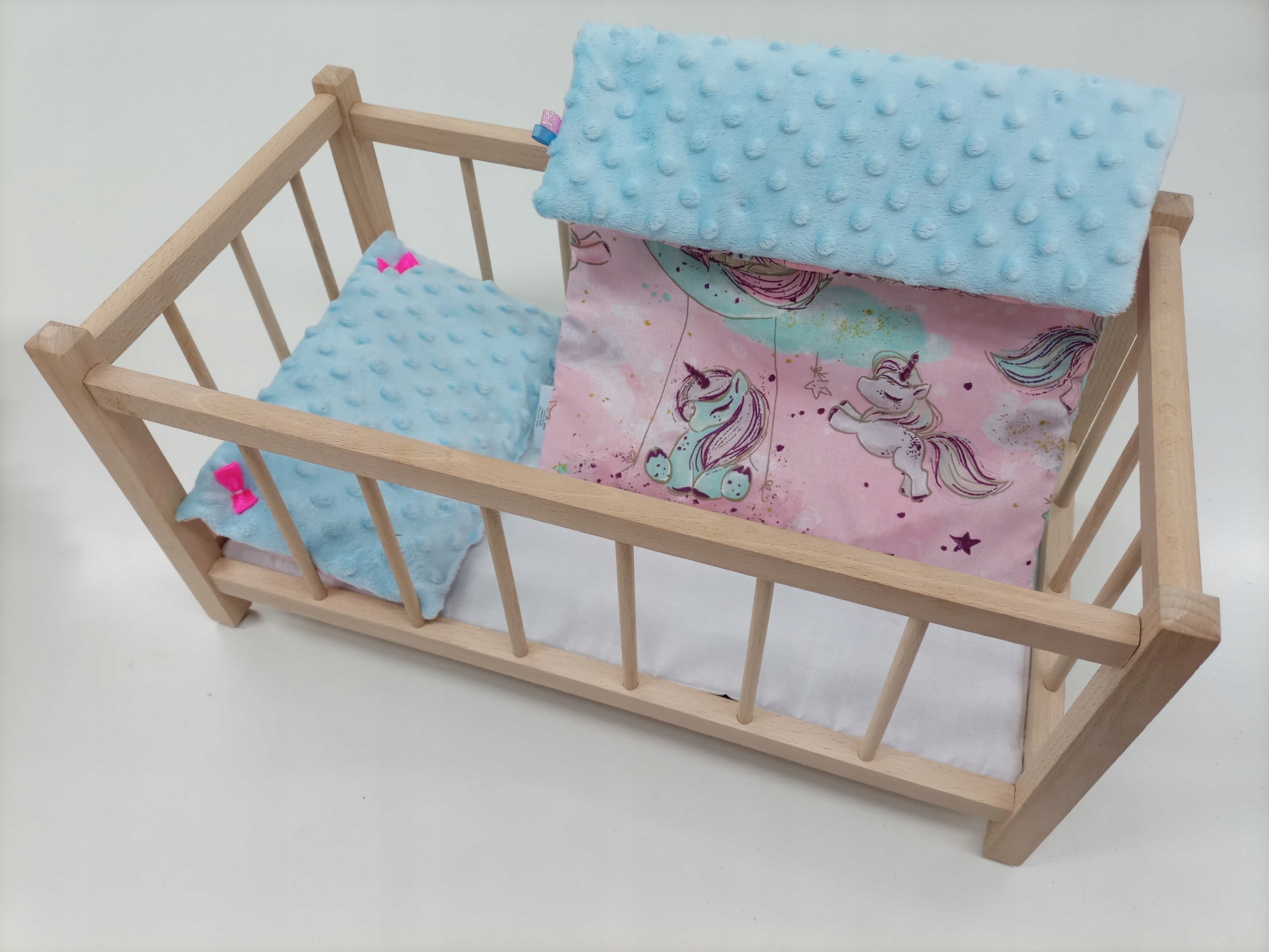 DREWNIANE ŁÓŻECZKO DLA LALEK + POŚCIEL MINKY