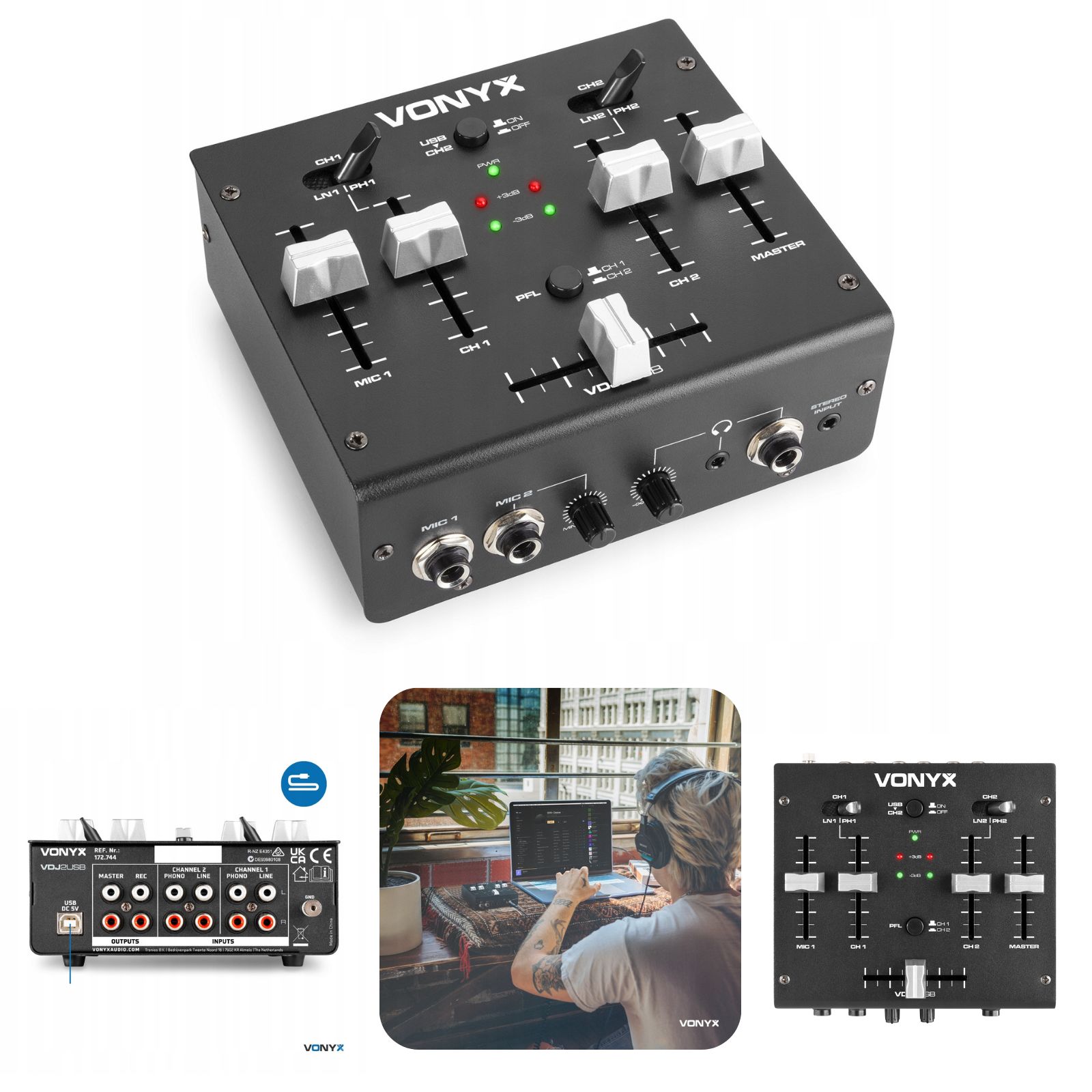 Mikser Dj Vonyx VDJ2USB Usb stereo 3 kanały audio mic Aux