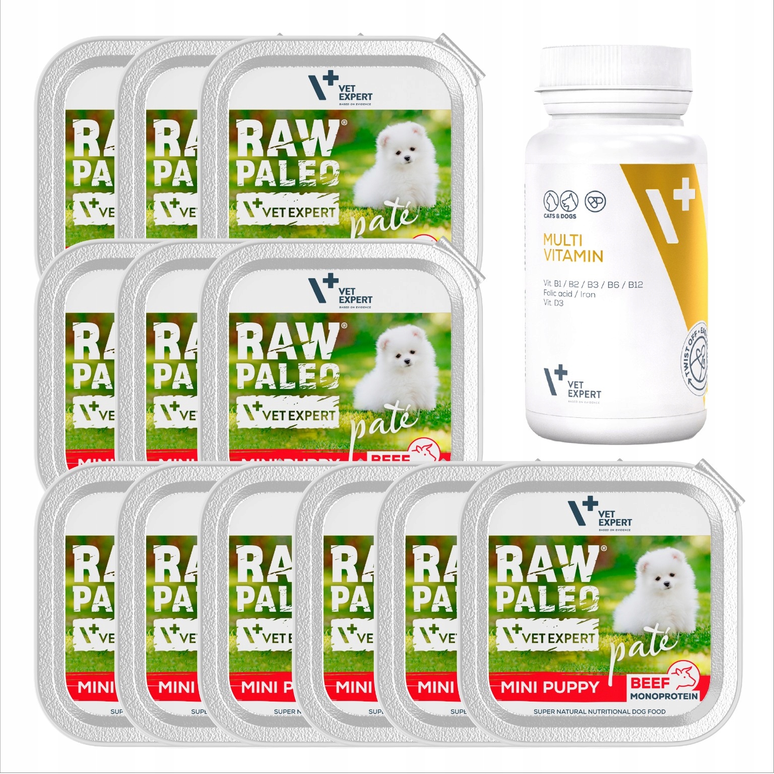 Mokra karma dla szczeniaka Raw Paleo x12 Multivitamin Vet Expert Zestaw