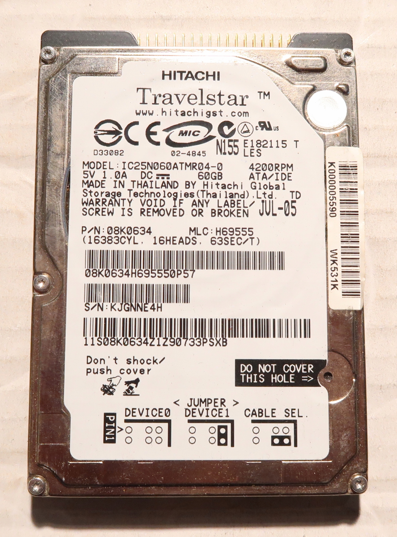 Disk 2,5' 60GB IDE PATA HITACHI Travelstar IC25N060ATMR04-0