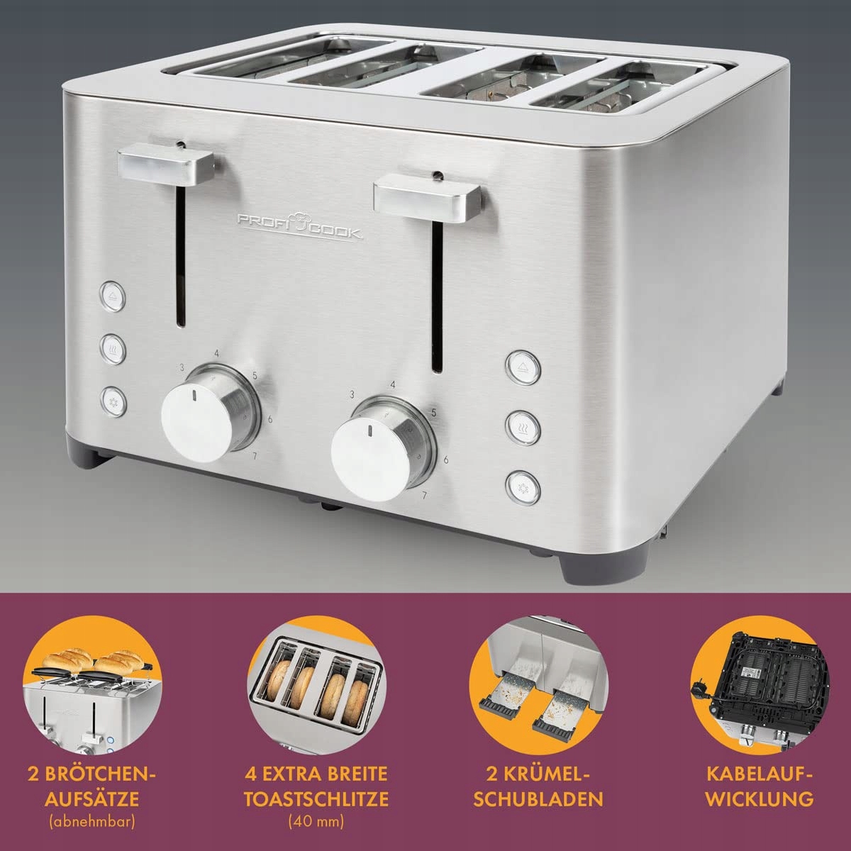 PROFICOOK Toster 4 Kromki Stal Nierdzewna 1500W Szerokie Szczeliny — miniatura 7