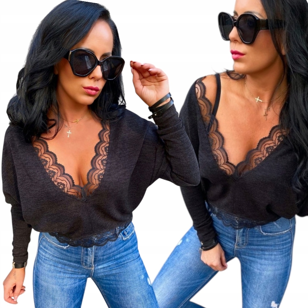 Elegantní dámská halenka s černou krajkou a výstřihem do V Sexy Volný svetr M 38