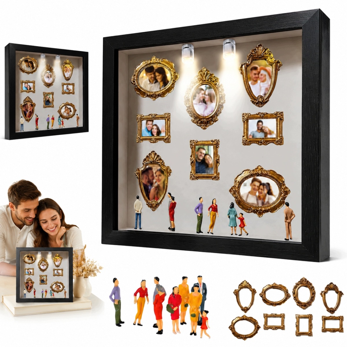 Mini Muzeum Diy Ramka Pudełko Z 8 Mini Złotych Ramek Na Zdjęcia I 8 Figurek