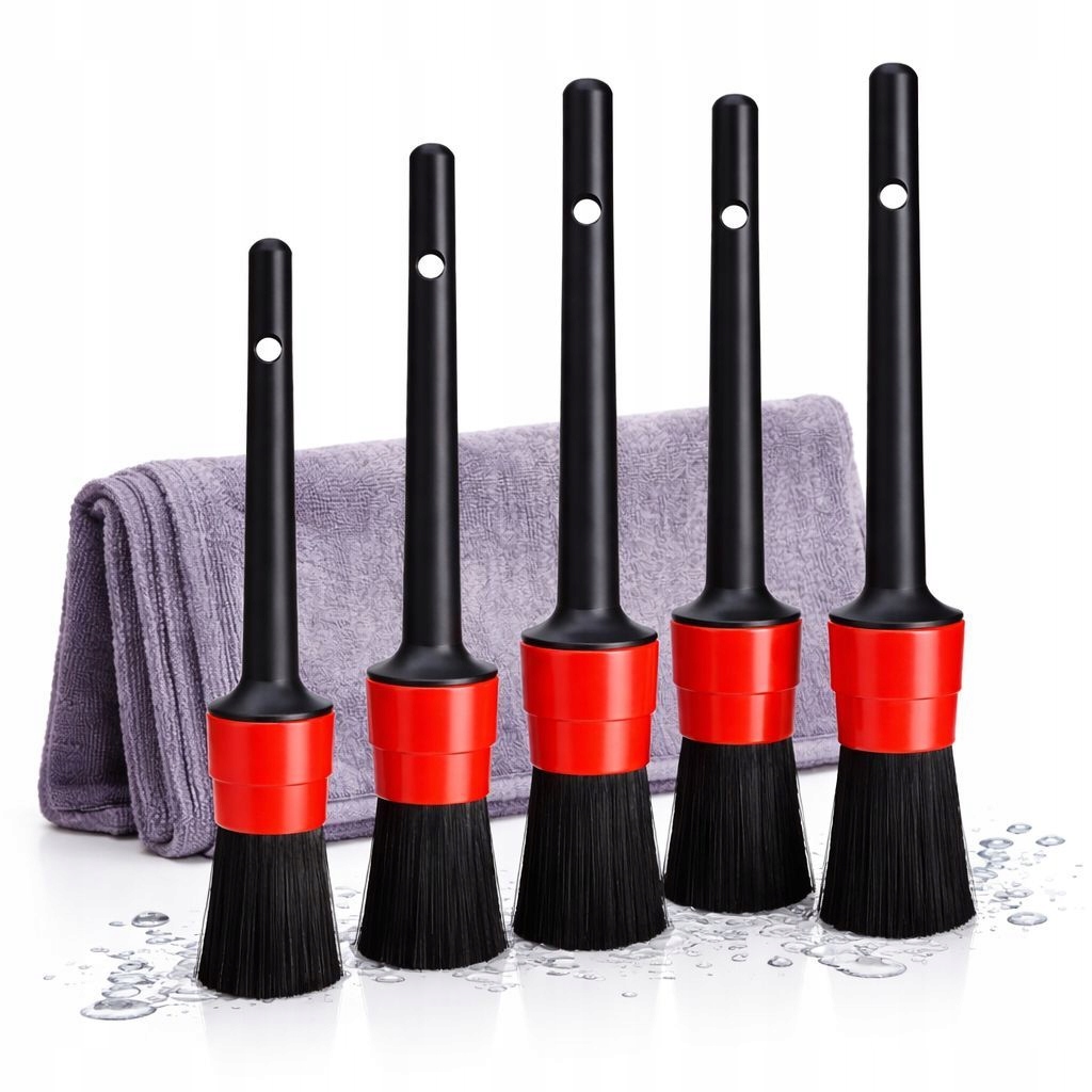 ZESTAW PĘDZLI DETAILINGOWYCH PĘDZLE CZYSZCZENIE AUTA WNĘTRZA FELG + ŚCIERKA