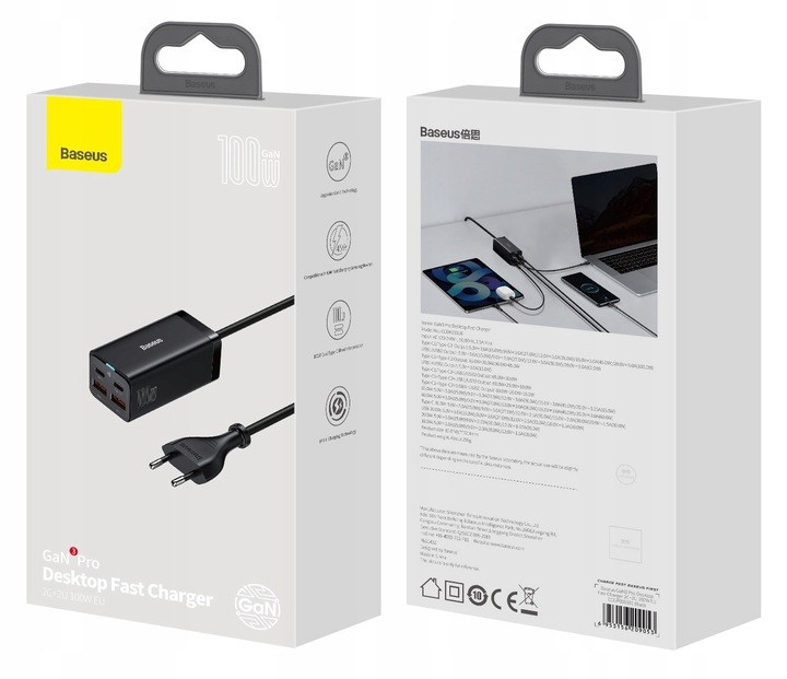 BASEUS ŁADOWARKA SIECIOWA LISTWA ZASILAJĄCA ZASILACZ 4x USB USB-C QC4 100W Przewód w zestawie tak