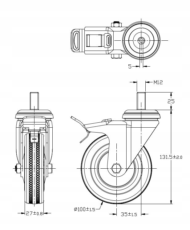 KOŁO OBROTOWE KOŁA KÓŁKO Z HAMULCEM SKRĘTNE GUMOWE 100MM 80KG TRZPIEŃ 12MM Kod producenta 3064-100