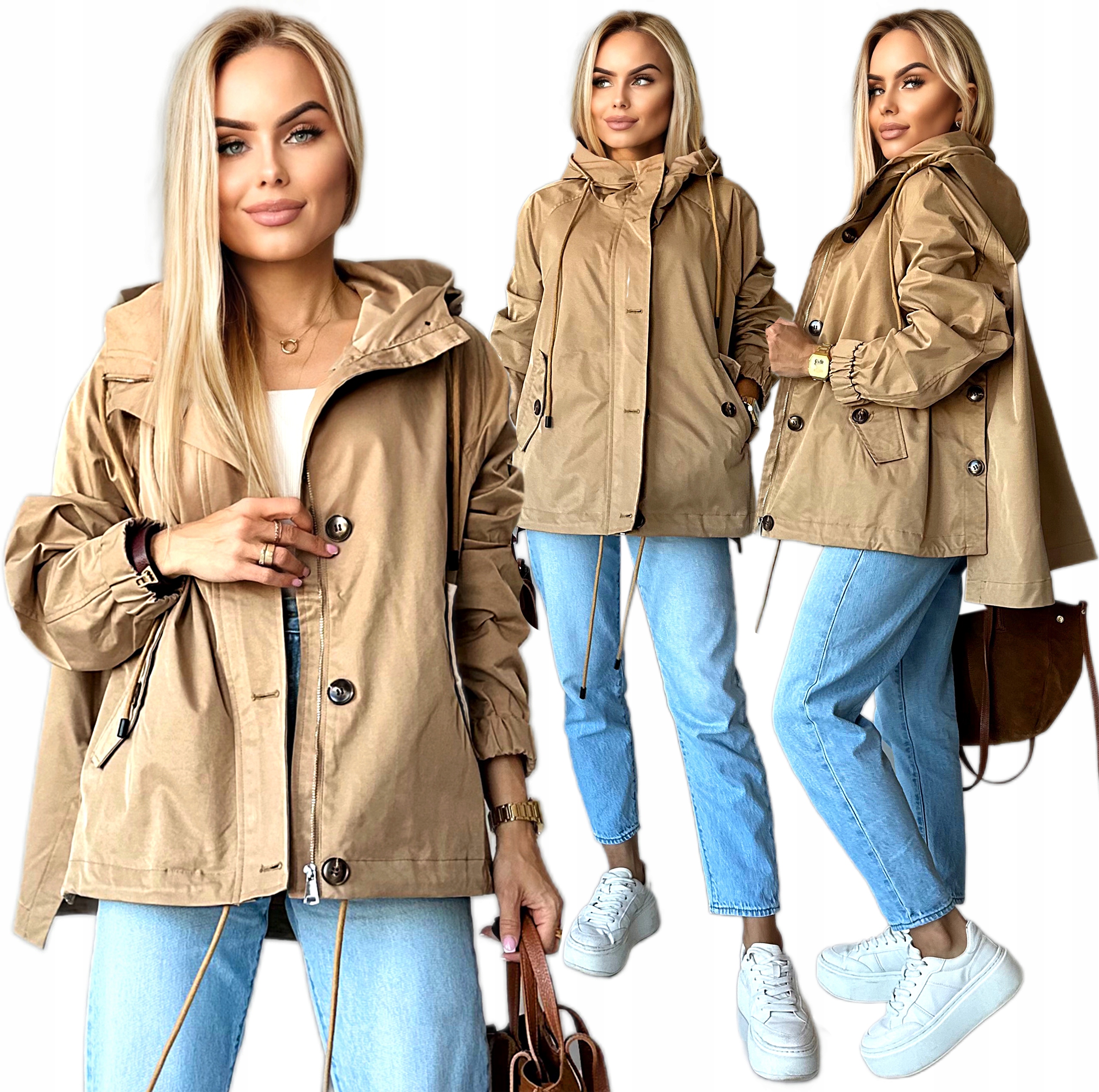 Beżowa Kurtka Damska oversize przejściowa z kapturem guziki L Carmen