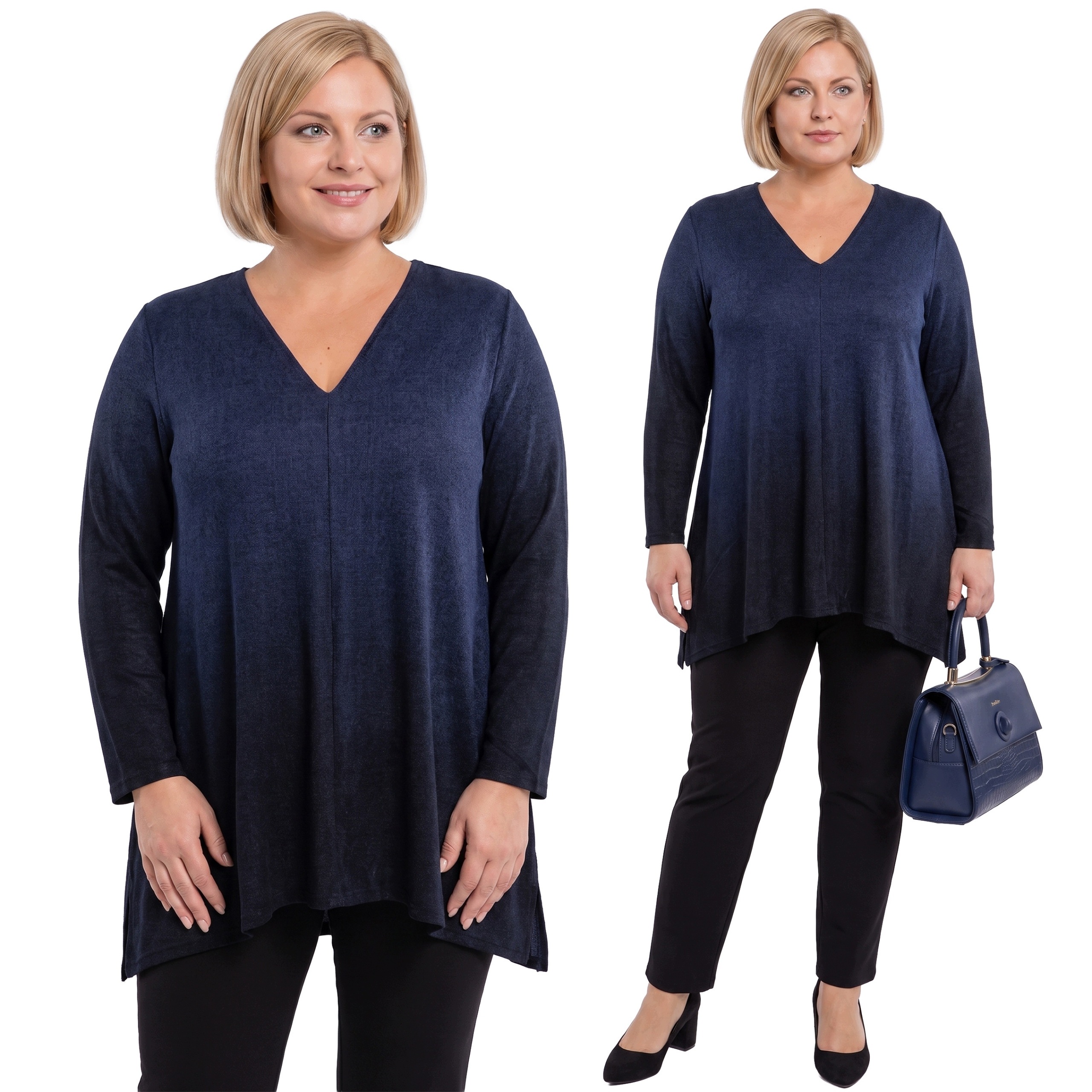 Dlouhá tunika tmavě modré barvy ombre plus size velikost 60/62