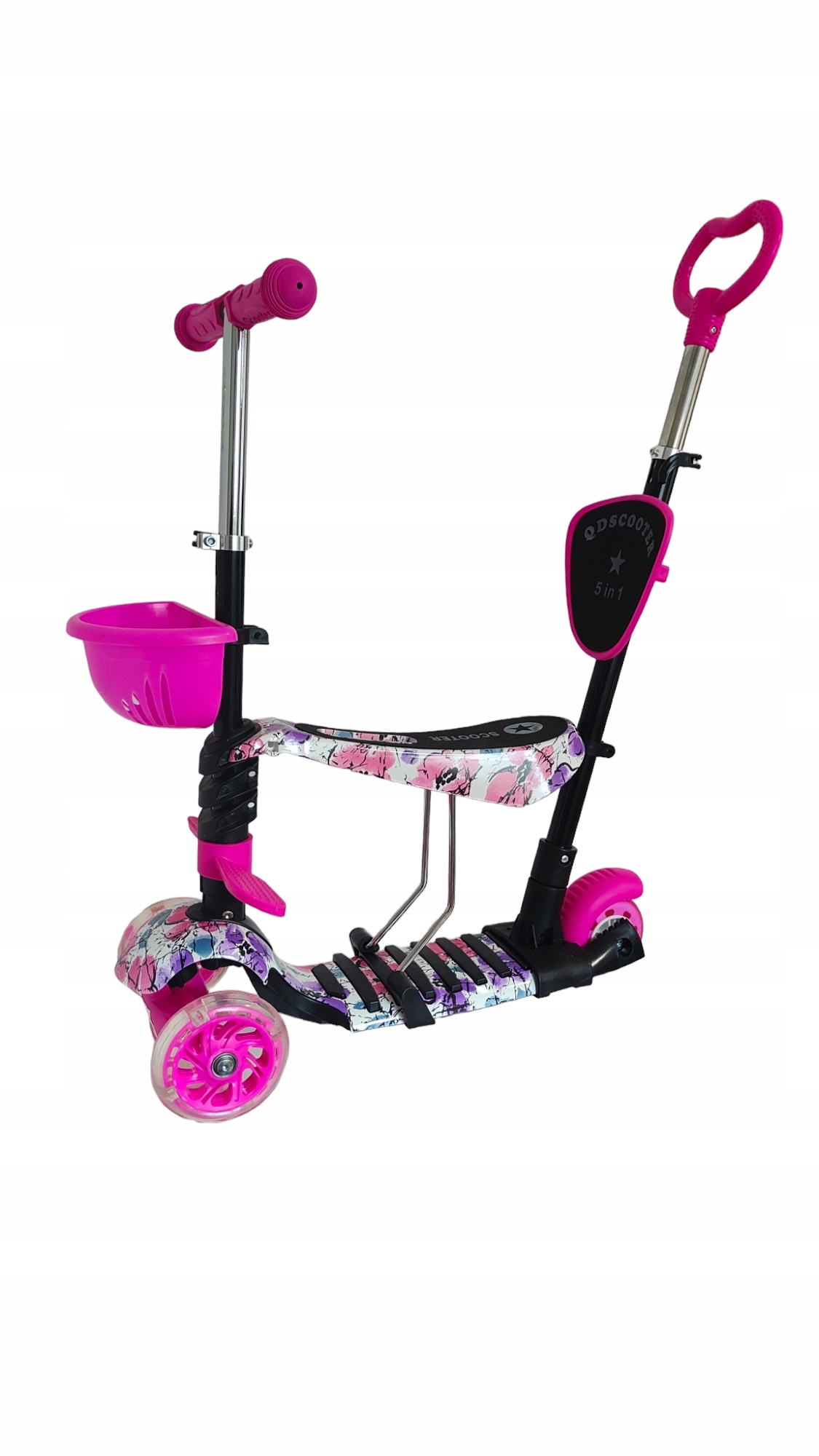 Hulajnoga Trójkołowa Z Siedziskiem 5W1 Z Koszykiem Jezdzik Dla Dzieci Różow