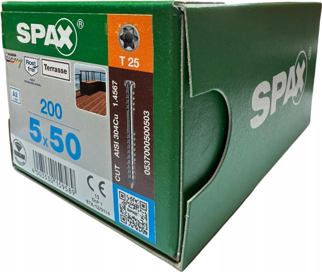 SPAX 5x50 MM WKRĘTY DO DESKI TARASOWEJ STAL A2 EAN (GTIN) 4003530159589