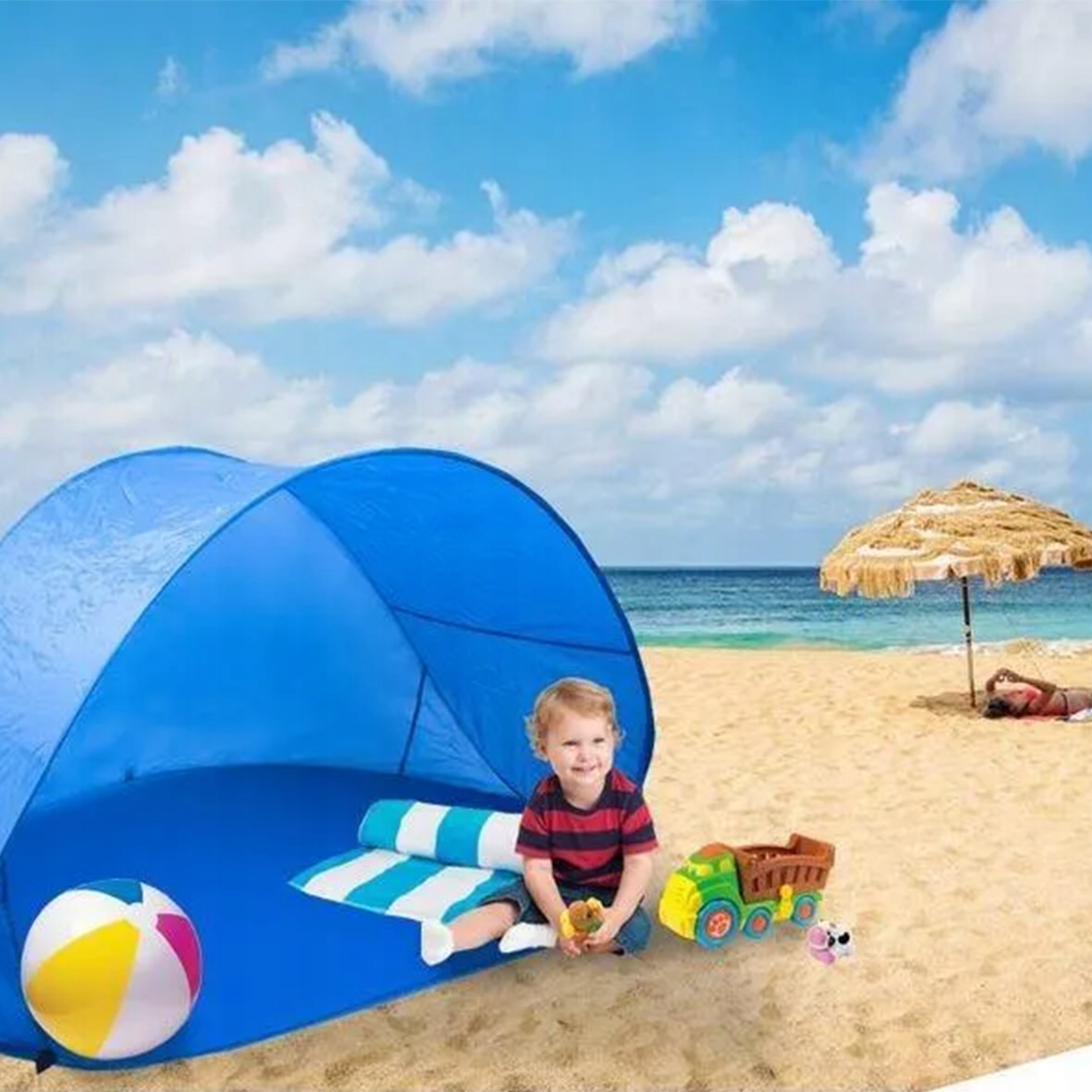 NAMIOT PLAŻOWY SAMOROZKŁADAJĄCY PARAWAN OGRODOWY DWUOSOBOWY + UCHWYTY Kolor dominujący odcienie niebieskiego