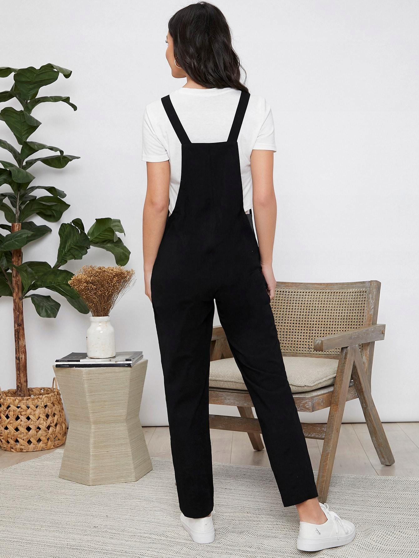 CZARNE DŁUGIE RAMIĄCZKA SHEIN 46 PROSTY KOMBINEZON OGRODNICZKI CIĄŻOWE Rozmiar 46