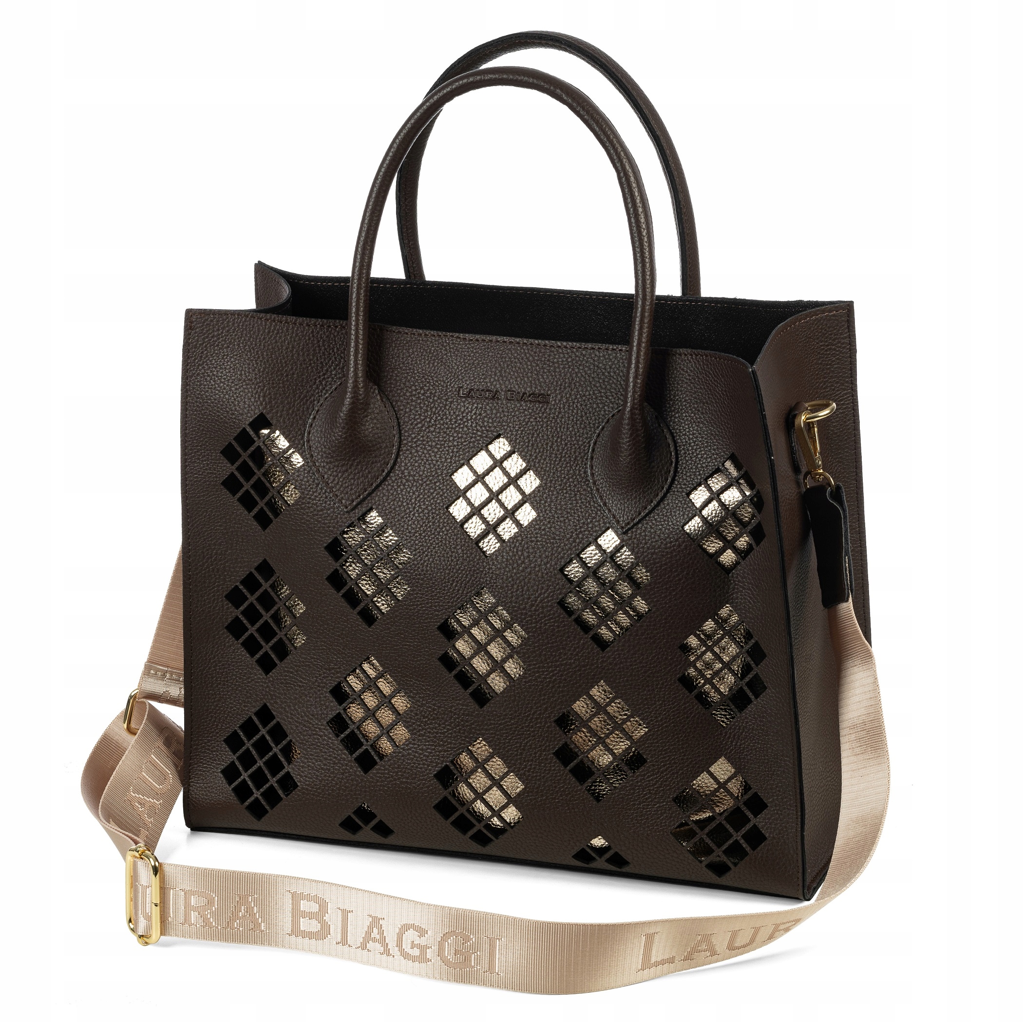 Elegantní Hnědá Dámská Kabelka Kufřík Shopper Laura Biaggi A4 Ažurová