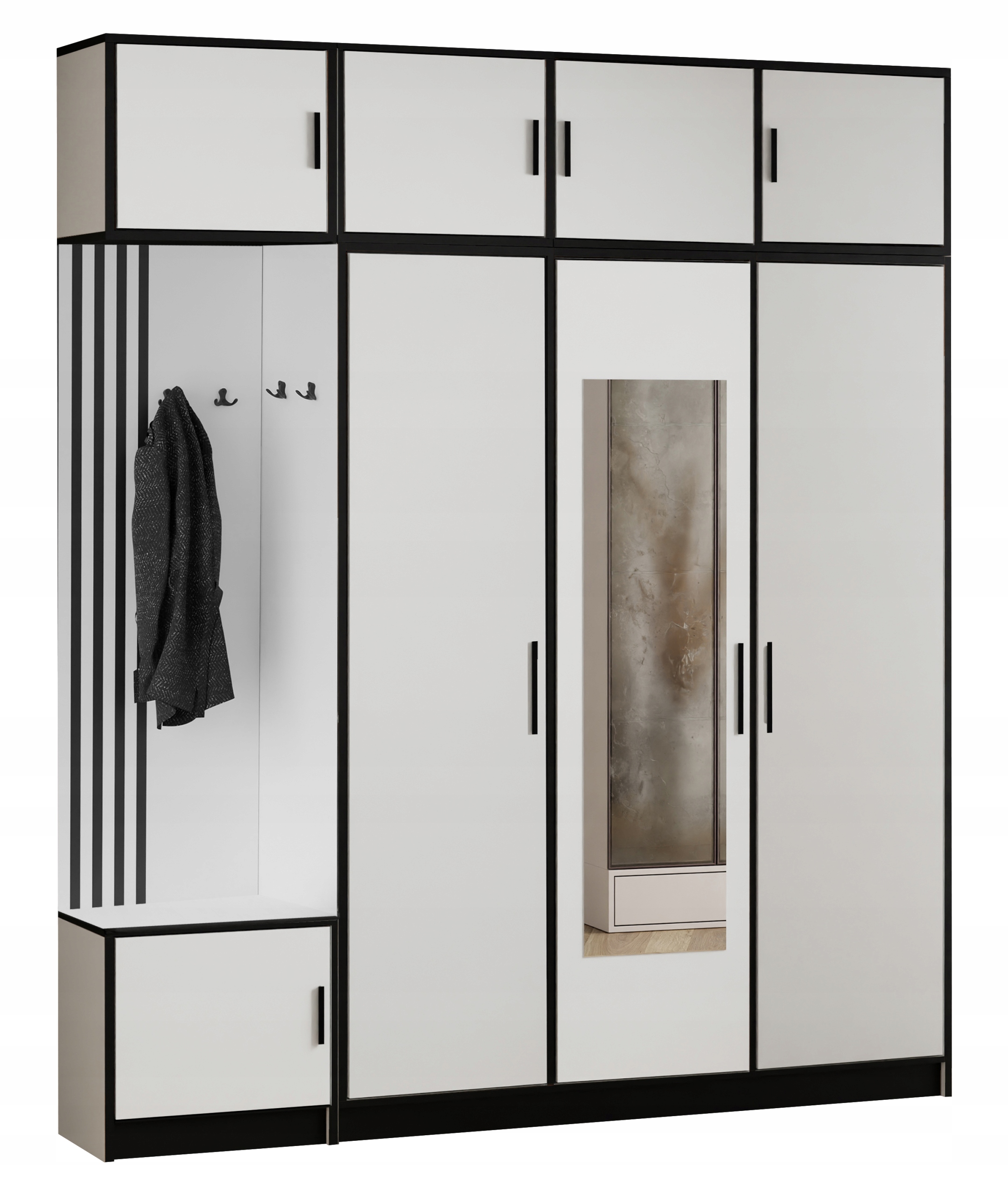 Šatní skříň Dior 14 Bílý lamelový sedák se zrcadlem a nástavcem